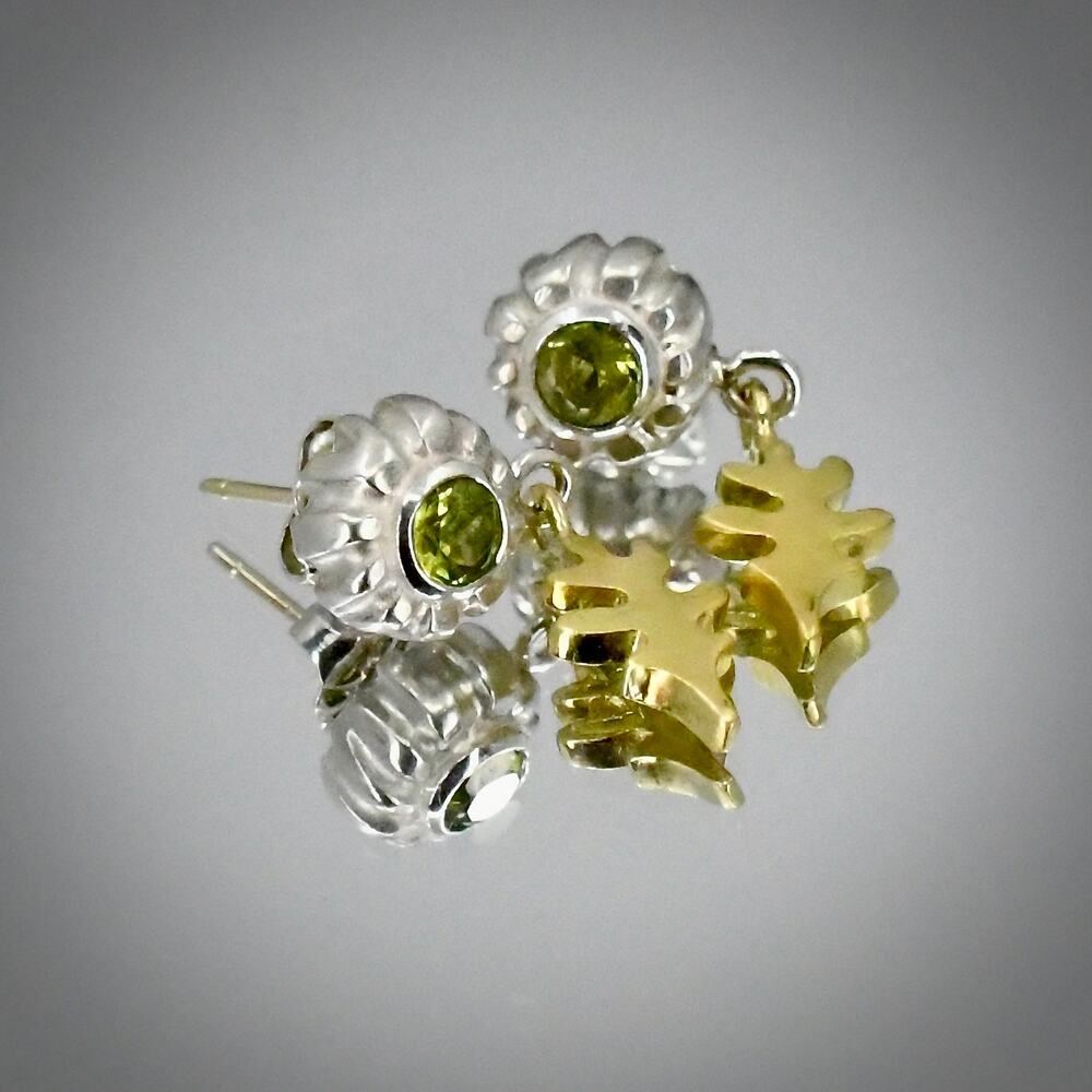 Jane Bohan 18K Gold 925 Silver Peridot Botanical Leaf Drop Earrings 5.16g